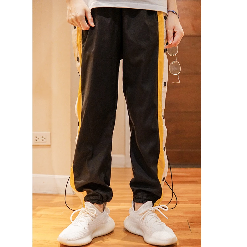 

IMYUI Casual Loose Long Pants Adjustable Cuffed Patchwork Color Blo Dstring Elastic Waist Straight Leg Pants