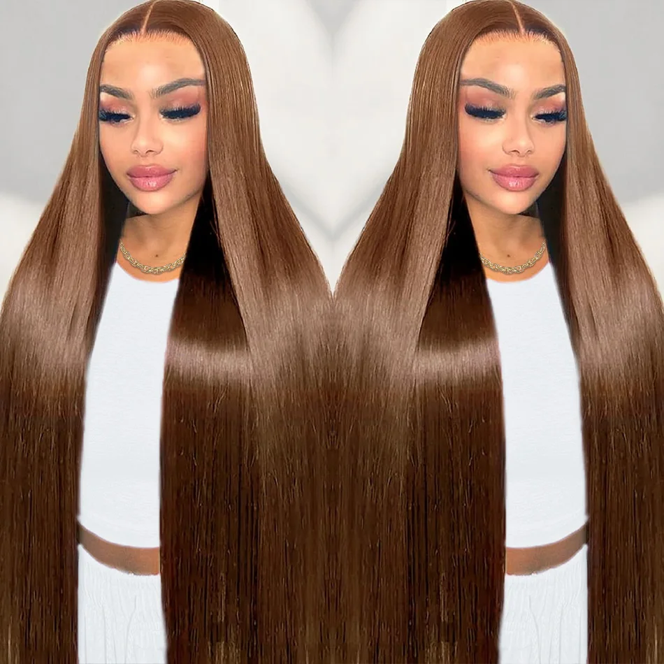 密度220のチョコレートブラウンストレート人毛ウィッグ、13x6 HD透明レースフロント人毛ウィッグ、女性用ブラジリアンヘアウィッグ