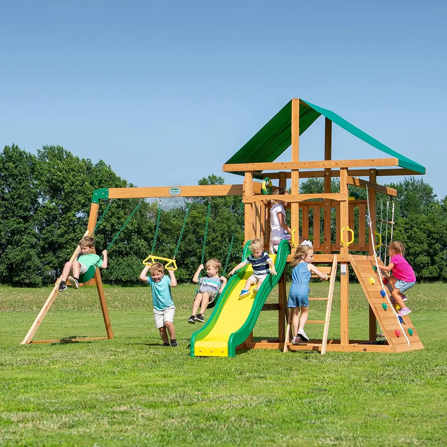 Mount Mckinley Cedar Wood Swing Set with Wave Slide, Play Deck, Double Rock Wall, Rope Ladder, Web Swing, Belt Swings, Toy Teles