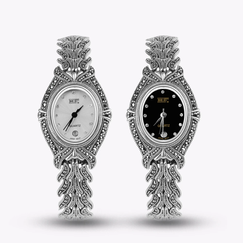 Solid 925 Sterling Silver Thailand Silver  Marcasite Luxury Oval Wrist Watches Bracelet Women's Quartz Watches Fine Jewelry