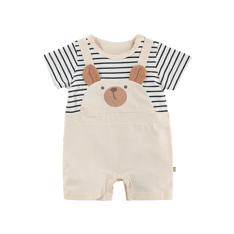

MINISO Summer Baby Boy Korean Style Striped Romper Suspender Bear Short Sleeve Thin Kawaii Cotton Newborn 0-1 Years Bodysuit