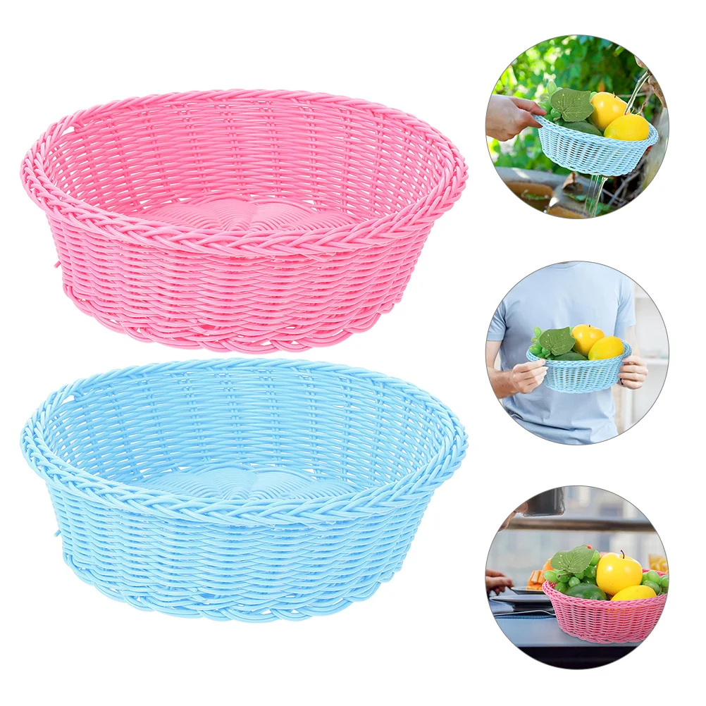 

2pcs Woven Fruit Plastic Rattan Storage Snack Vegetable Organizer Round Bread Serving Baskets Household Decoration Gift Food