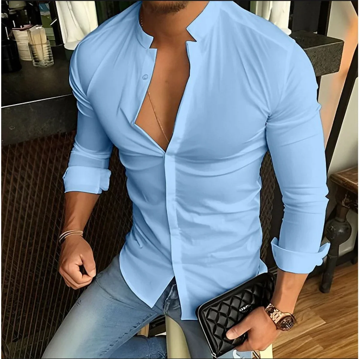 Bababuy Men\'s Long Sleeve Shirts Casual Streetwear Stand Collar Shirts Solid Color Tops