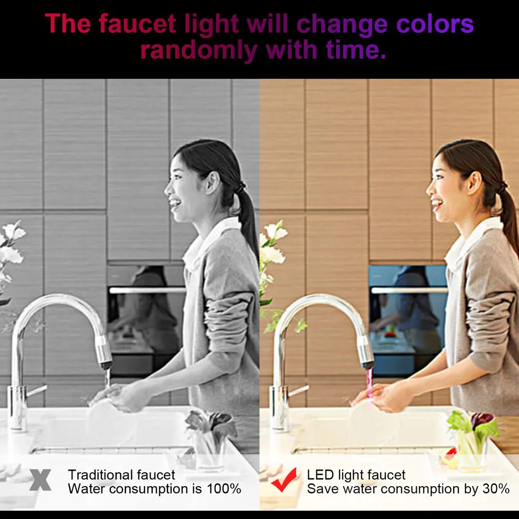 Novelty Design 7 Color RGB Colorful LED Light Water Glow Faucet Tap Head Home Bathroom Decoration Stainless Steel Water Tap