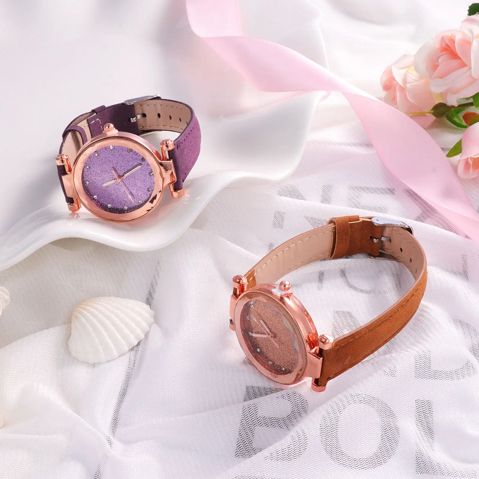 

2Pcs Quartz Watches Women Wristwatch Fashion Glittering Precise Time Birthday Gift Purple Brown