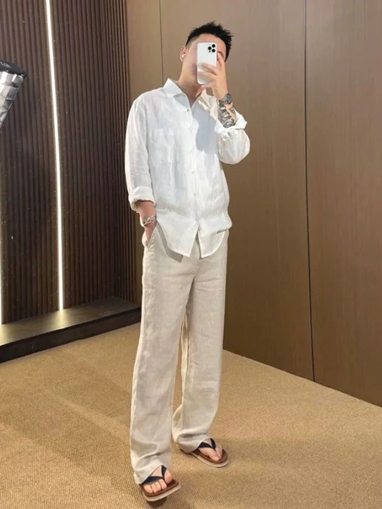 

Men's Cotton Linen Long Sleeve Shirt Vintage American Style Single Pocket Open Cardigan Breathable Four Seasons Shirt