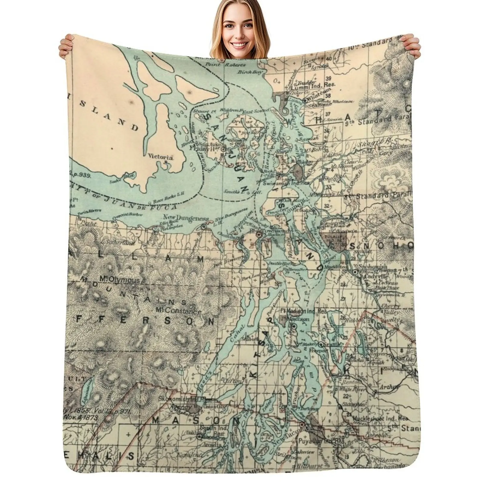 

Vintage Map of The Puget Sound (1883) Throw Blanket Multi Use Warm Blanket for Living Room Bedroom