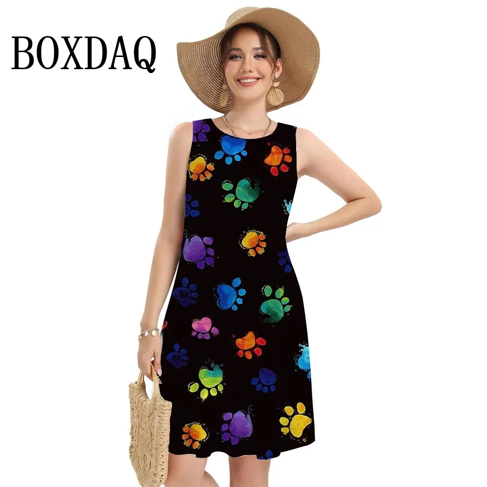 Summer Women Tank Dresses Cute Dog Paw Print Knee-Length Short Dress Loose Plus Size Sleeveless Beach Dresses Sundress S-3XL