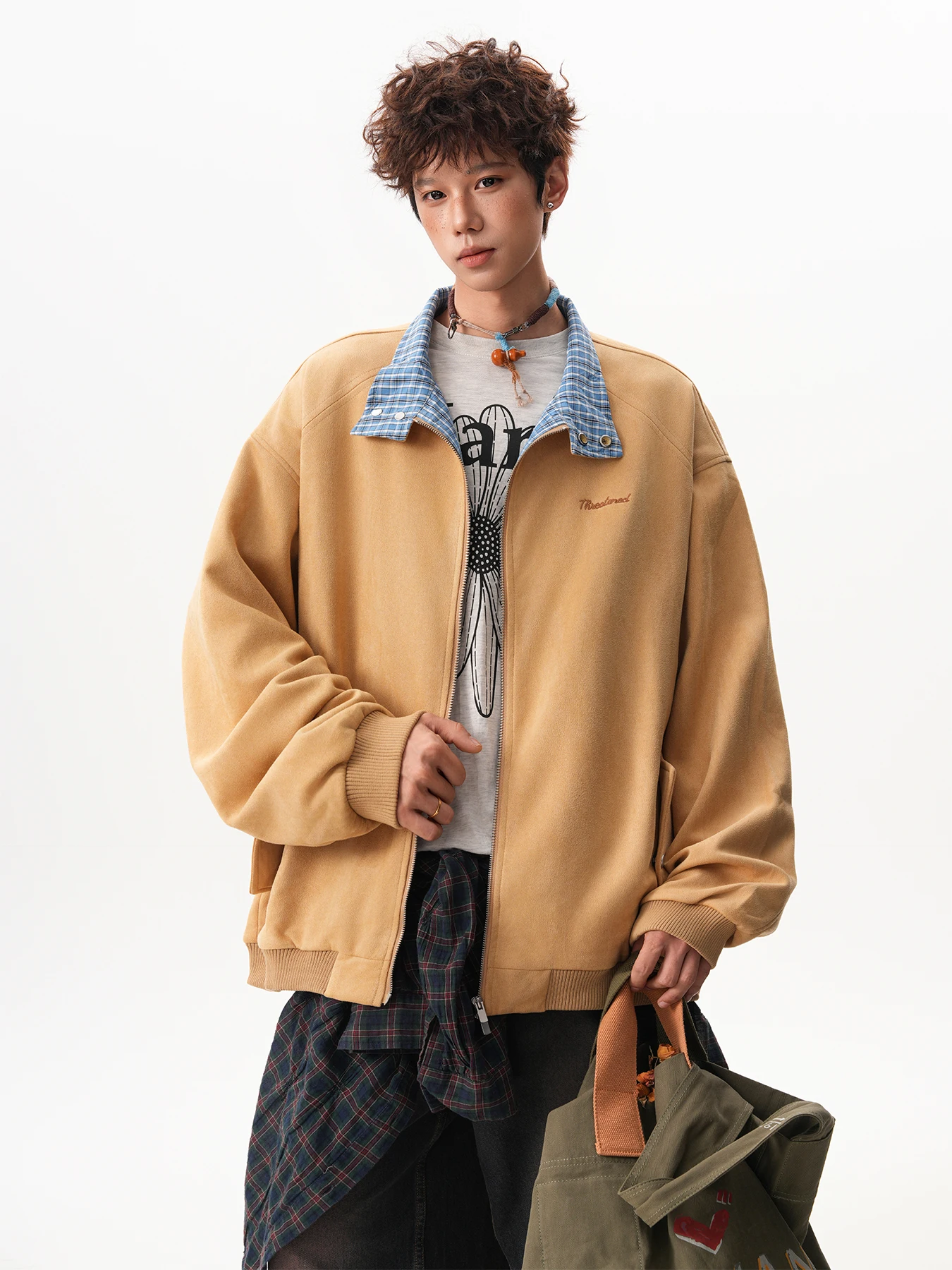 الربيع والخريف النمط الأمريكي الرجال الجلد المدبوغ منقوشة المرقعة بدوره إلى أسفل طوق القهوة سترة الرجعية فضفاضة سترة البيسبول الصفراء