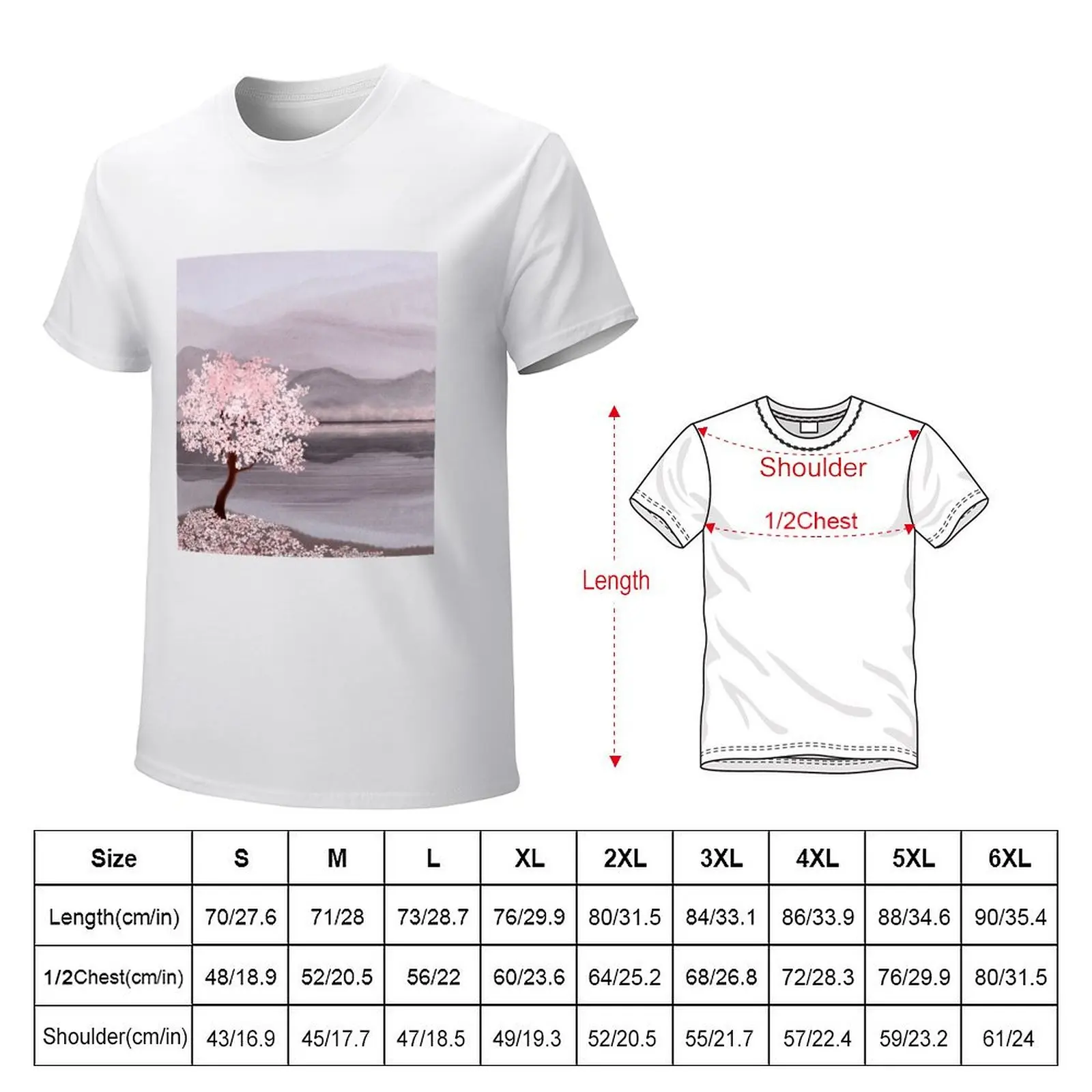 Cherry blossom tree on mountain and water landscape watercolor illustration Spring Japanese scenery T-Shirt