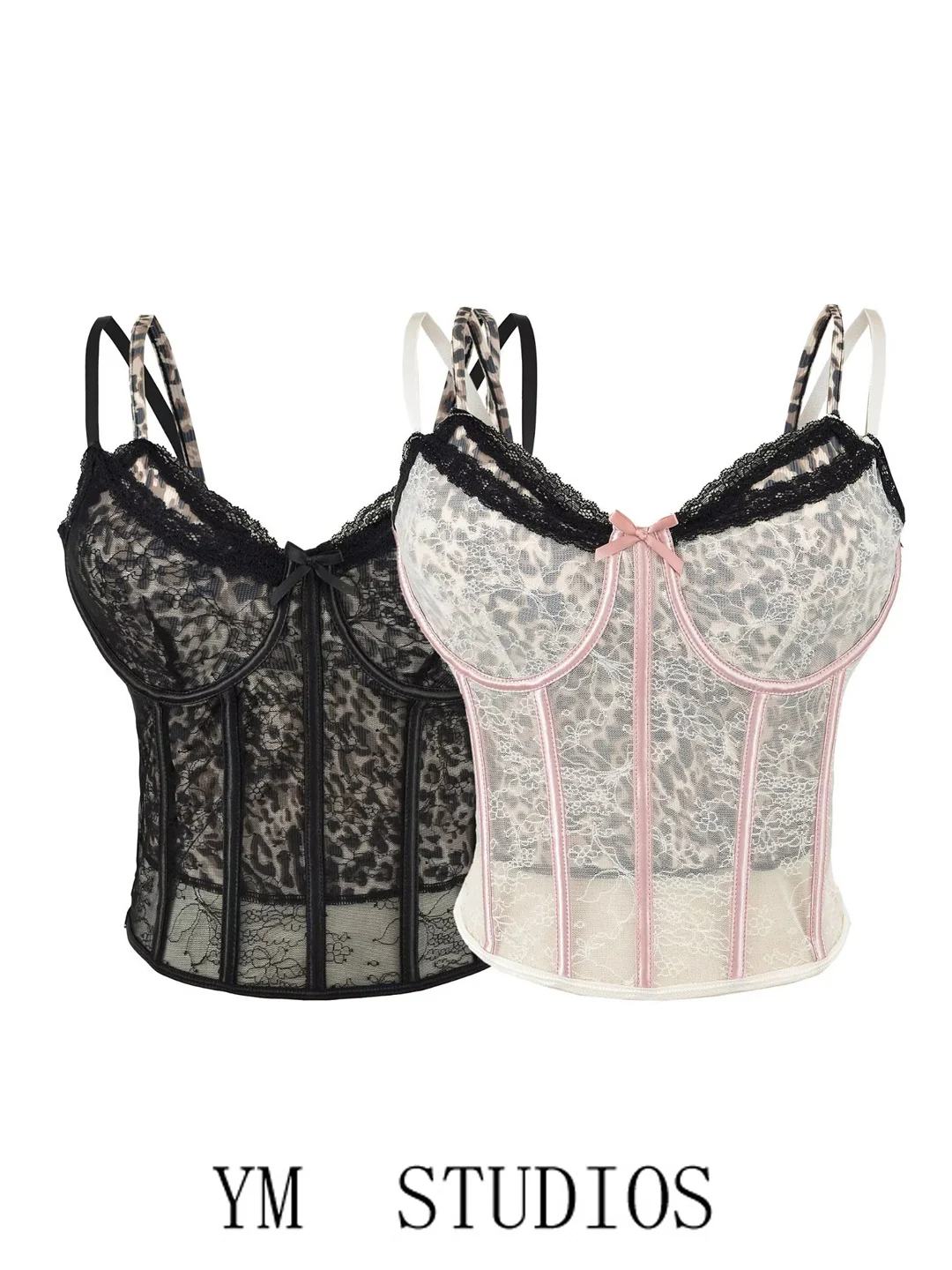 Sexy Leopard Print Lace Insert Patchwork Strap Vest Women's Slim Fit Bra with Chest Pad Fishbone Design Polyester Spandex