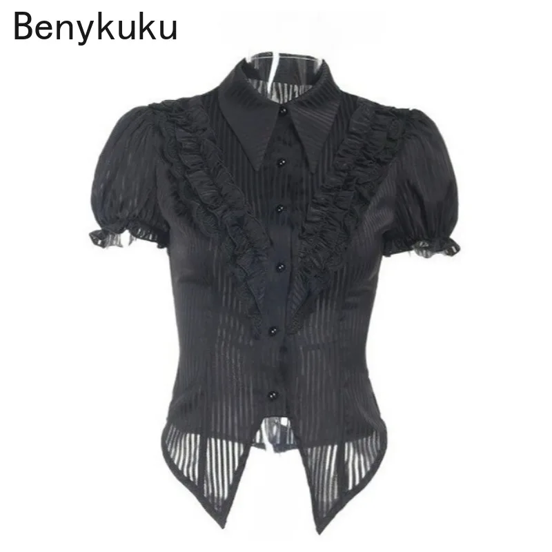 

Gothic Striped Puff Sleeve Shirt Vintage Women Clothes Y2K Slim Blouse Tops Emo Harajuku Daily 90s Sexy Punk Shirts Streetwear