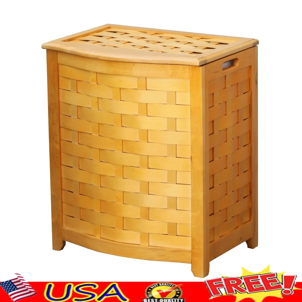 

Деревянная корзина для белья с бантом спереди и ручками для переноски Прочная конструкция из цельного дерева Полиэстеровая подкладка Резиновые бамперы Портативные