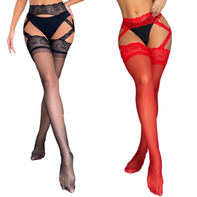 

Women Sexy Sheer Garter Belt Suspender Pantyhose Side Criss for Cross Floral Lace Patchwork Tights Open Crotch Thigh High