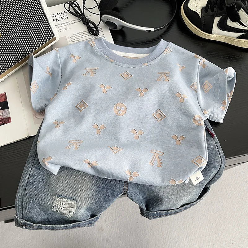 0-5Years New Baby Boys Girls Summer Clothes Multi Symbol Hot Dye T-shirt Denim Shorts 2pcs/sets Children Clothing Tracksuits Set