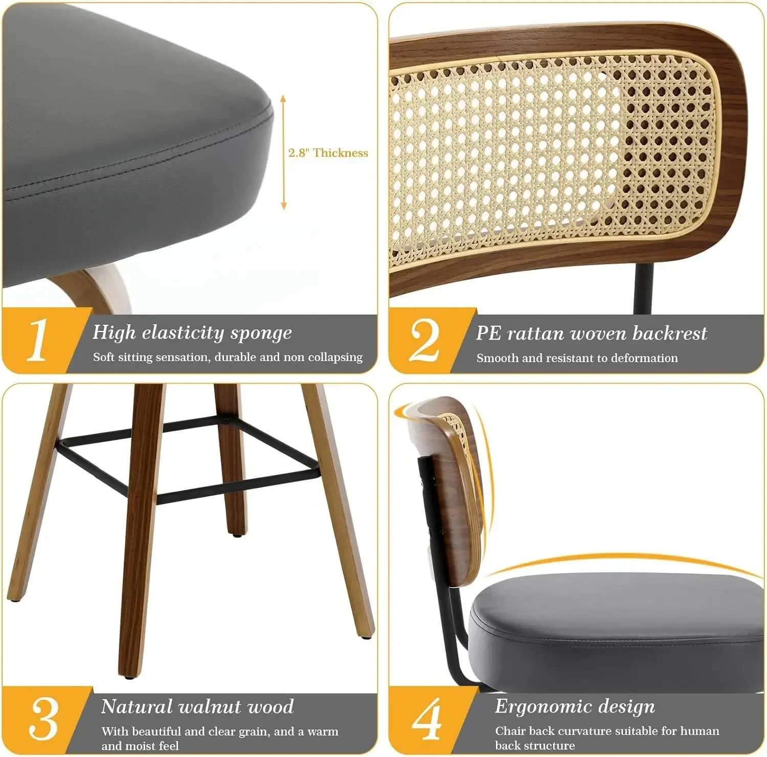 XMSJ.Swivel Bar Stools Set of 2, Upholstered Faux Leather Barstools with Rattan Back, Bentwood Wood Frame, 29" Seat Height Bar C