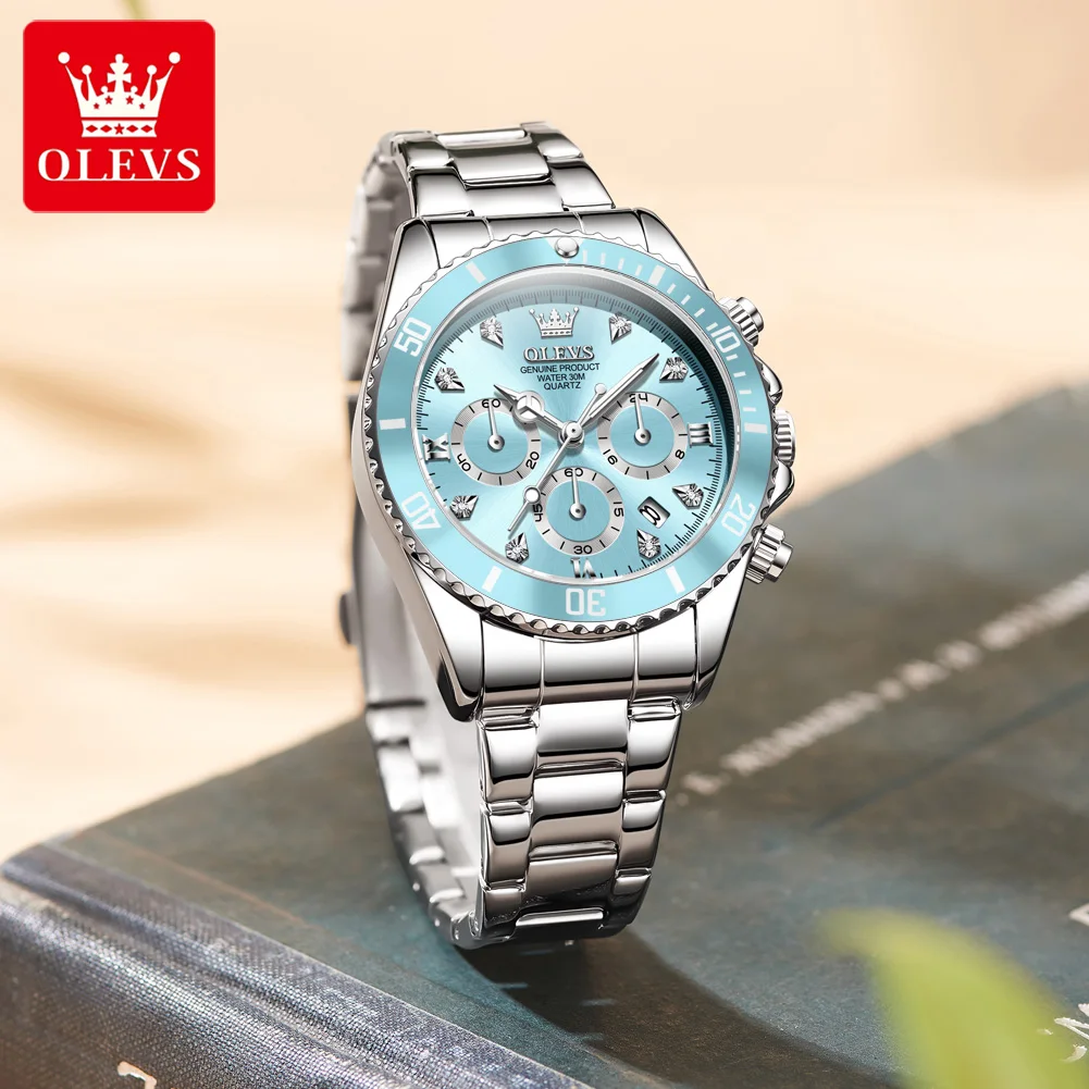 OLEVS Original Brand Women's Watches Classic Three Eye Dial 30m Waterproof Quartz Watch Luminous Date Chronograph Wrist Watch