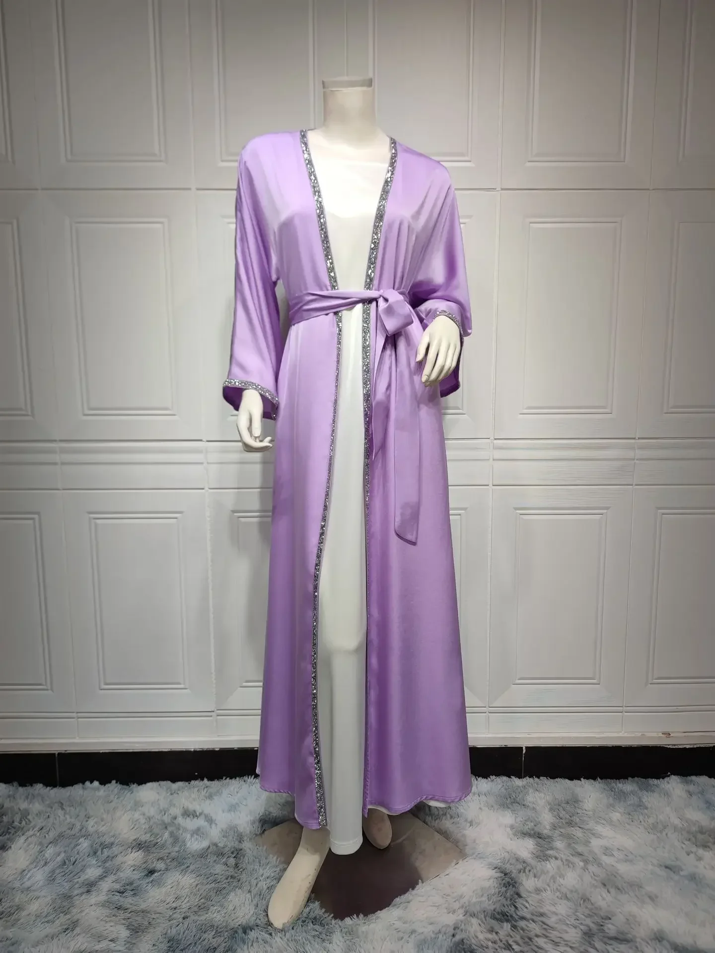 Eid-Kimono Abaya de satén liso para mujer, vestido musulmán Abayas abiertas con diamantes, prendas de vestir de Dubái y Turquía, ropa islámica modesta, caftán