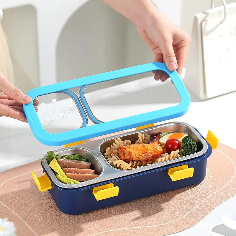 Rectangular Shape Stainless Steel Rice Box Well-Sealed Inner Layer Removable Divided Compartments For Students And Office Use