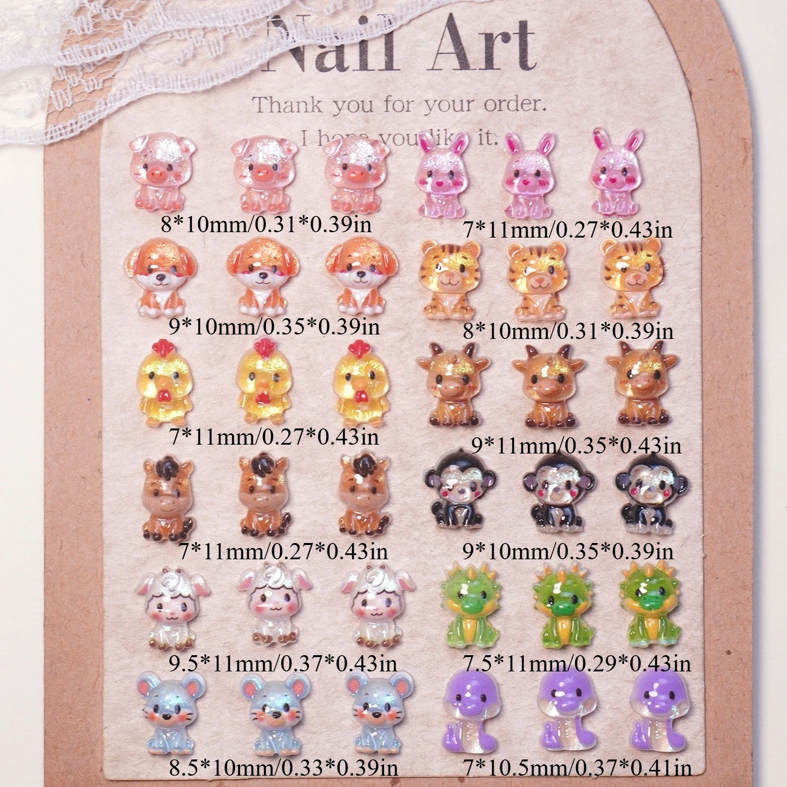 50/100/200 Stück, japanische Cartoon-Tiere, niedlich, 3D, Tierkreiszeichen, Harz, DIY, Nagelzubehör, zum Aufkleben auf Nägel – Detail 1