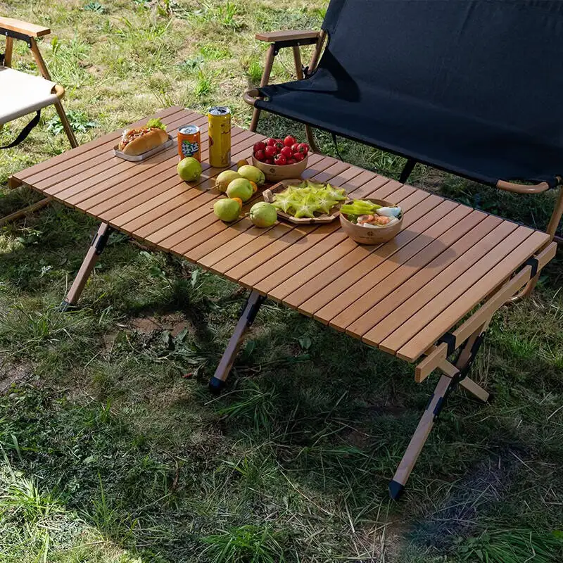 

Custom Logo Outdoor Folding Portable Beech Wood Roll Table Camping Wooden Desk Picnic Folding Table