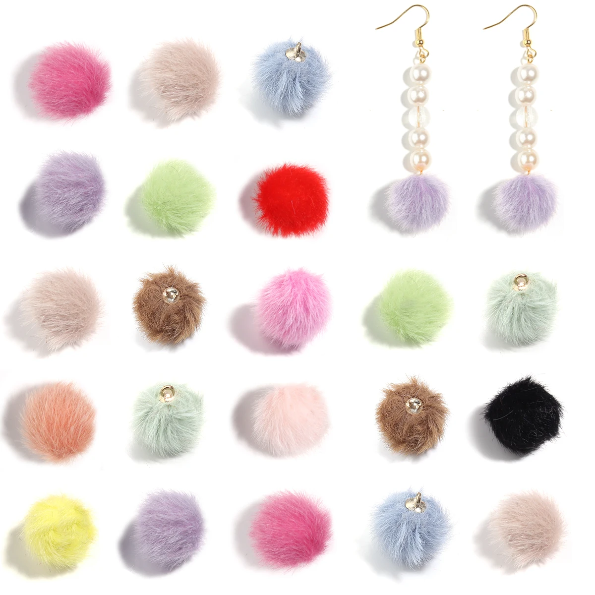 20pcs 16mm Plush Fur Covered Ball Beads Charms Pompom Beads Pendant for DIY Earring Bag Keychain Pendant Craft Making Supplies