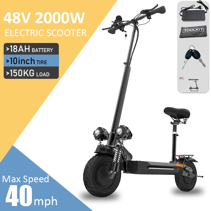 

2000W Dual Motor Adult Foldable Electric Bike 40 Miles Max Range 48V 18Ah Electric Kick Scooter Waterproof 10Inch Tubeless Tire