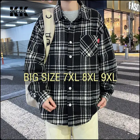 Men Shirt Plaid Fleece Long Sleeve Black Oversize 6XL 7XL 8XL 9XL Plus Size Autumn Fashion Casual Loose Winter Soft Dress Shirt