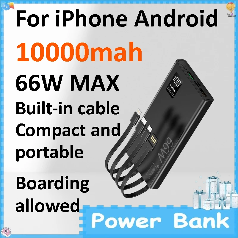 10000mAh Large Capacity Powerbank 66W Quick Charge Built-in Wire Mini Portable Mobile Power Supply for Smartphone
