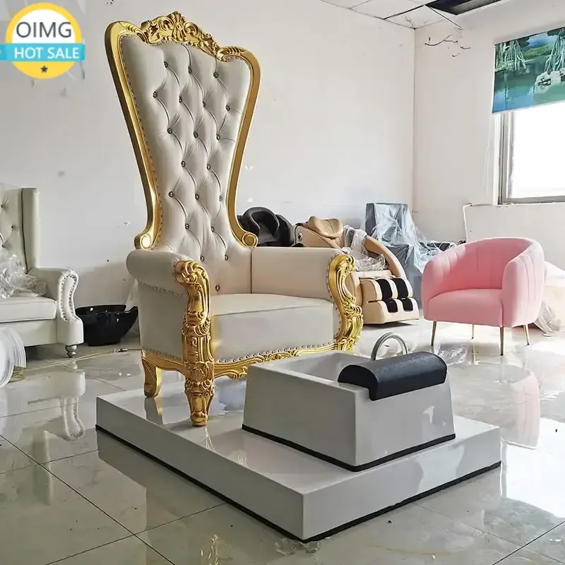 High Back Pedicure Bench Chairs with White Foot Spa Bowl Luxury White Add Gold Color Pedicure Chair Sofa