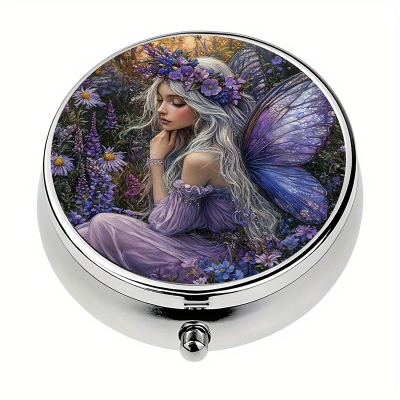 Single pack, wallet-style pill box, 3-compartment fairy-decorated vitamin storage box, suitable for use in a purse or wallet, ideal for personal outdoor travel and office medication reminders, wallet pill box