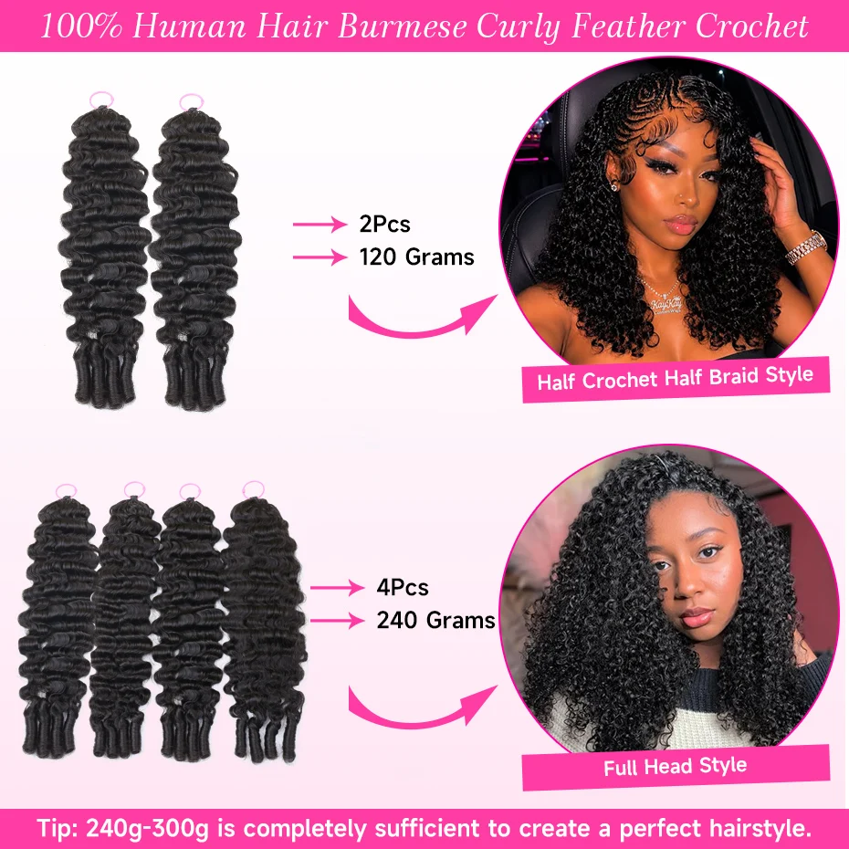 100% Human Hair Feather Crochet Pre Looped Invisible Miracle Knots Burmese Curly Hair Feathered Crochet Human Hair 1B Natural Colored Pre Braided Deep Wave Curly Hair Weave Bundles Remy Human Hair Extensions 18 20 22 24 Inch Free Shipping view 5