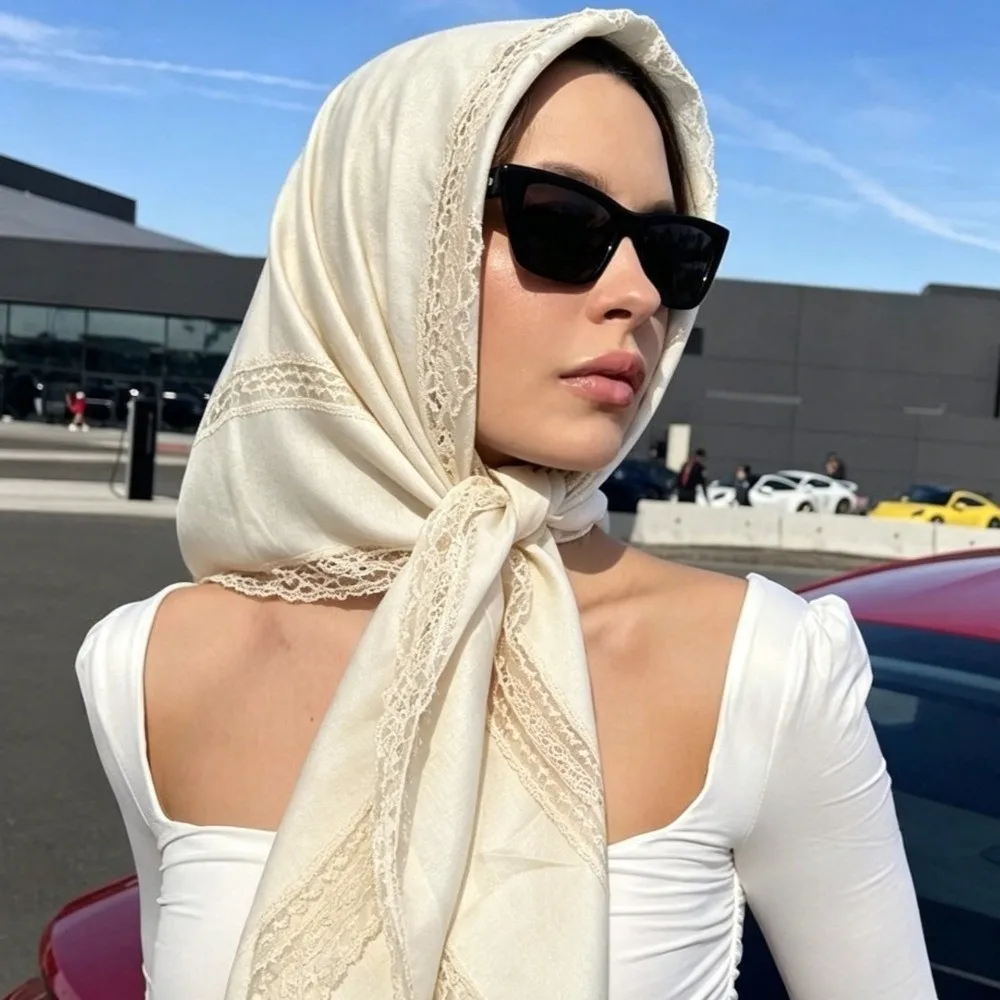 

Elegant Solid Color Square Silk Scarf Lace Polyester Bandana Scarf Oversides Shawls and Wraps Hijab Scarf Spring