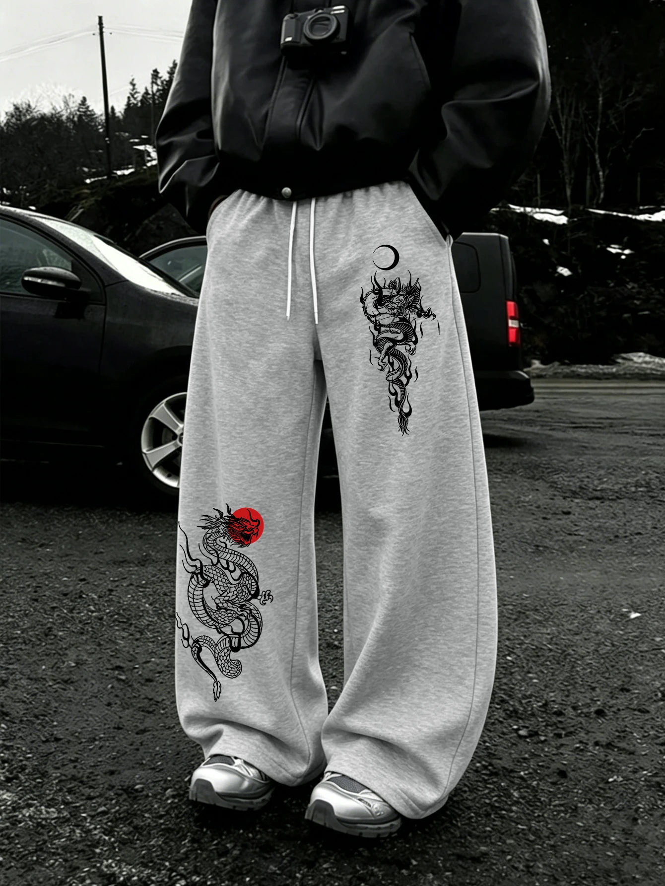 Men Y2K Harajuku Streetwear Sweatpants, Oriental Dragon Sun & Moon Dual Graphic Double Side Print Drawstring Loose Wide LegJogge