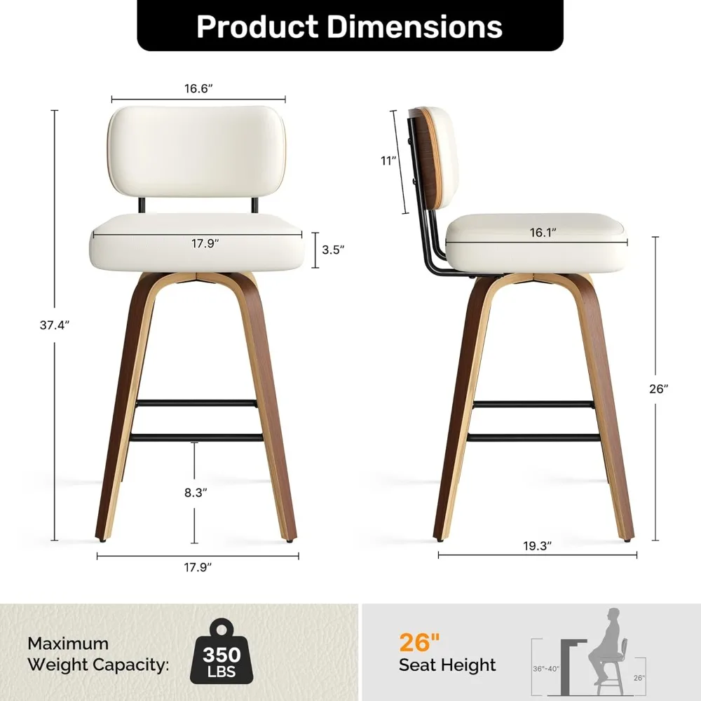 مجموعة كراسي بار دوارة مكونة من 2، مقاعد مرتفعة من الجلد الصناعي مقاس 26 بوصة مع ظهر من خشب الجوز وأرجل من خشب البنت، منتصف القرن #2