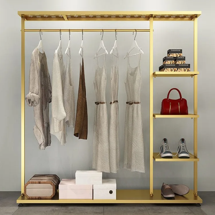 

Modern Style Gold Metal Clothing Stand Hanging Garment Display Rack for Shop or Wardrobe Organizer Display Stand