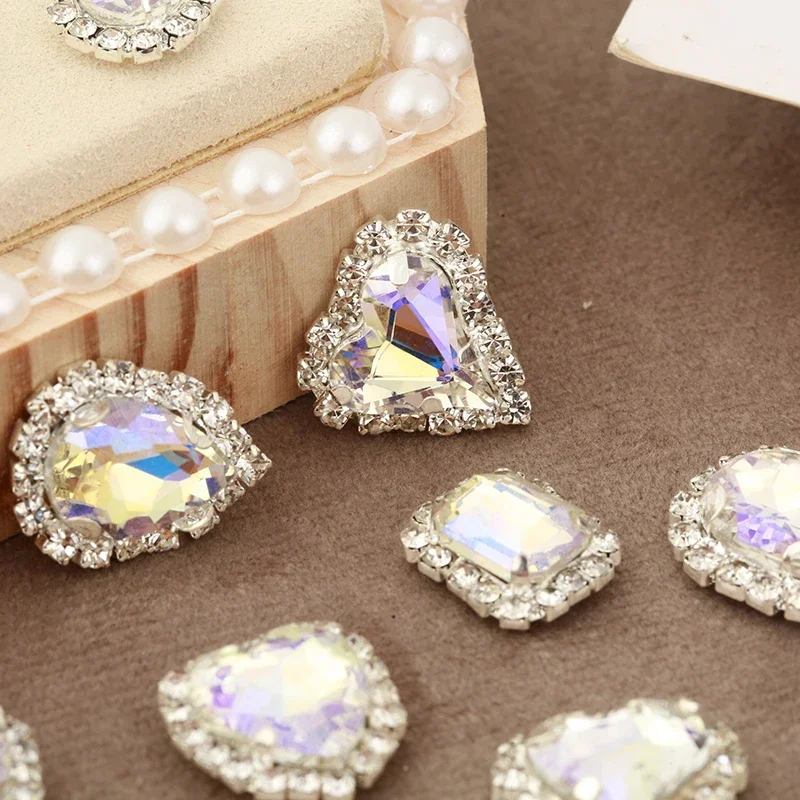 PEESOM New Arrival Mix Shape High Grade Crystal Buckle with Sliver Claw Sew on Stone Moonlight AB Color Diy Clothing Accessories