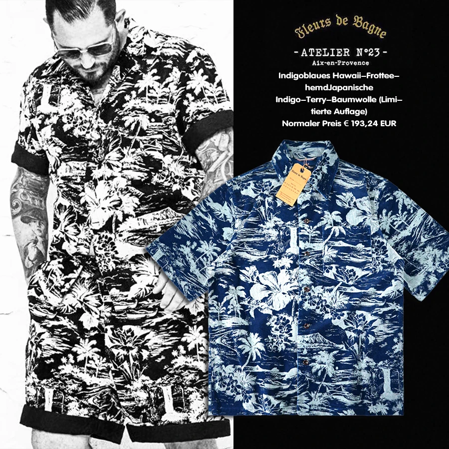 

Лимитированная серия: футболка из плотного хлопка с индиго-оттенком, гавайский стиль, свободный крой, цветочный принт Flora De Bagne, американский стиль Sle ort Sve