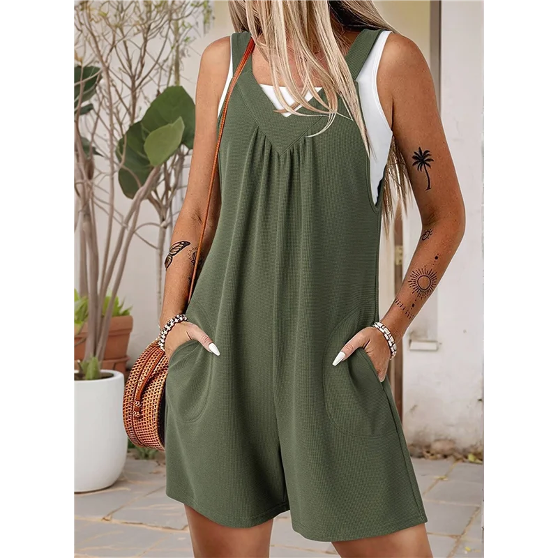 A83F-Pelele vaquero de verano para mujer, pantalones cortos informales sin mangas con cuello en V, pelele vaquero, traje vaquero, monos cortos 2025