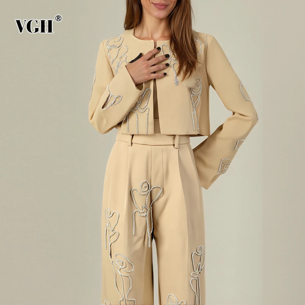 

VGH Solid Spliced Folds Casual Two Piece Sets For Women Round Neck Long Sleeve Top High Waist Pants Designer Set Female Fashion