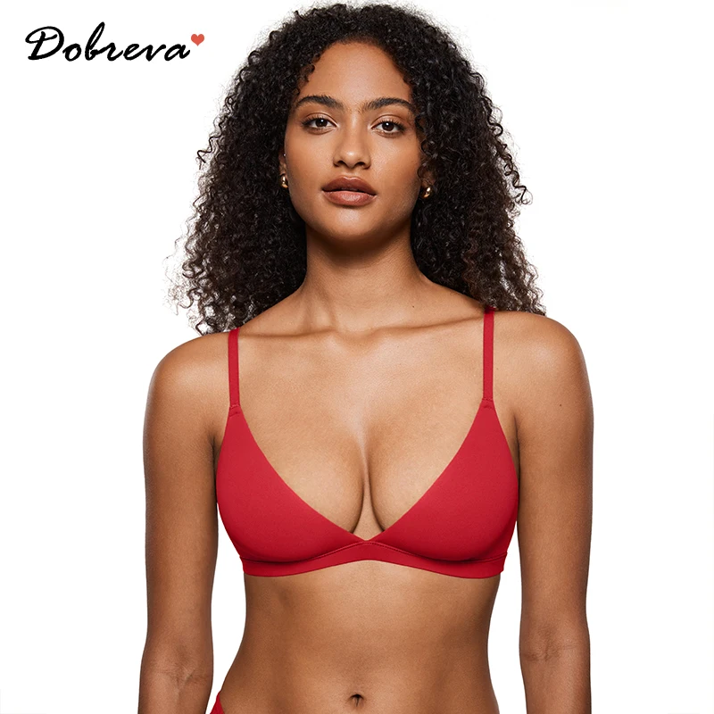 Women's Inbarely Triangle Bralette Plunge Seamless Bra Unlined No Underwire Red Sexy Comfortable Everyday