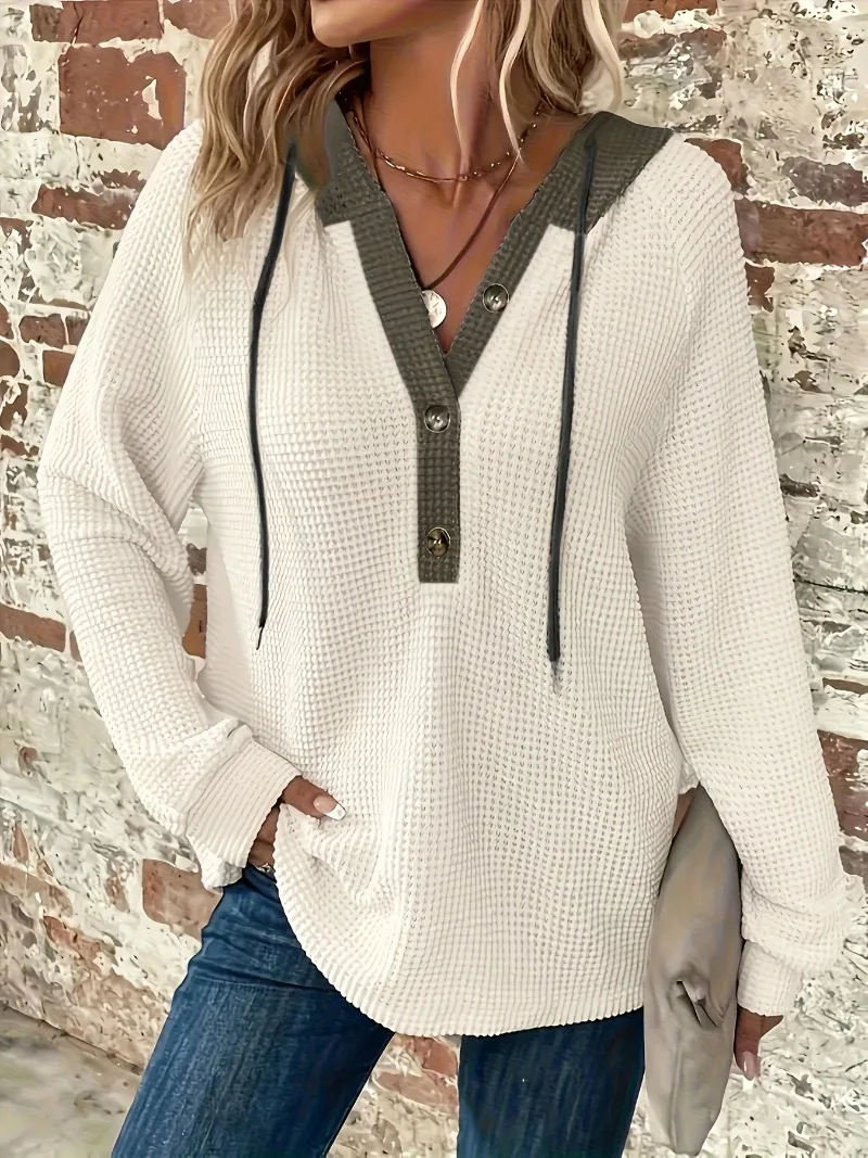 

for Casual Comfort Cozy Waffle Knit Hoodie with Button Detail and Drawstrings