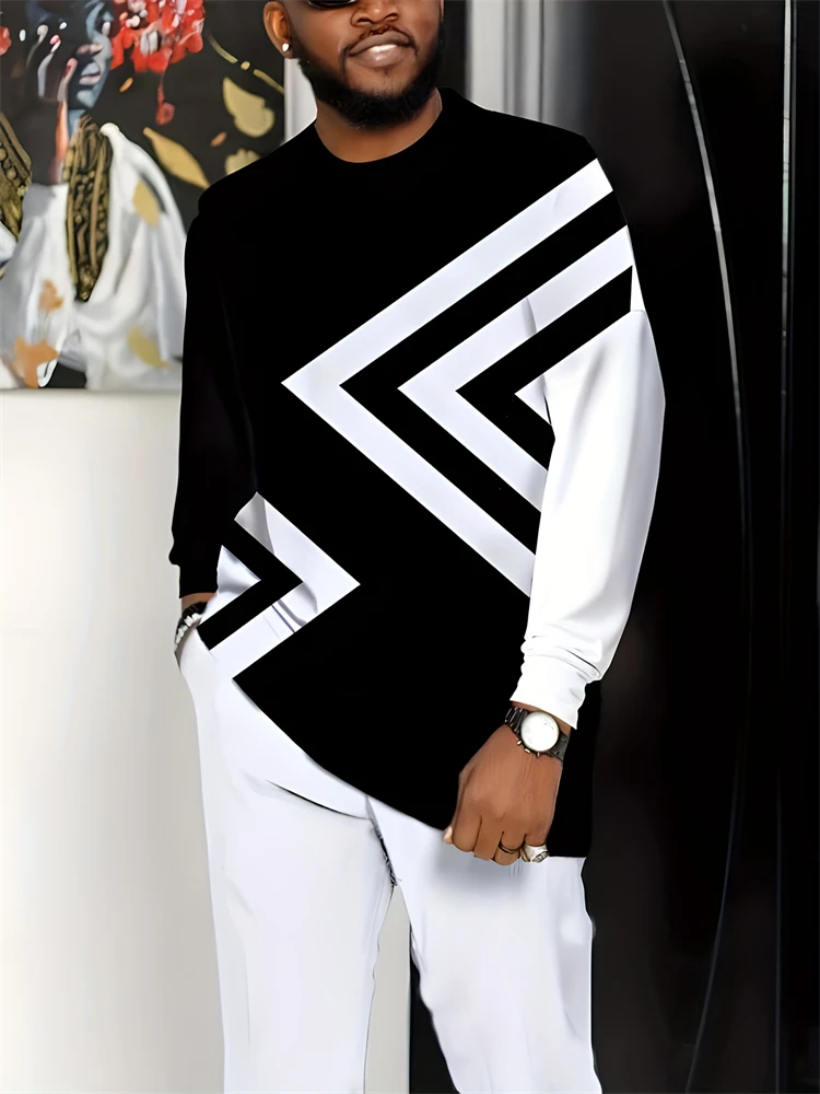 Top da uomo autunno a maniche lunghe girocollo e pantaloni con coulisse Set stampa a righe Set da due pezzi stile sportivo all'aria aperta alla moda