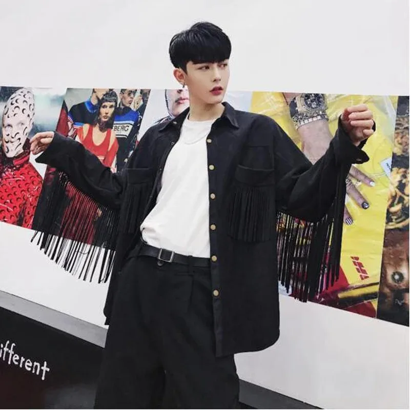 Spring Autumn Men Fringe Shirt Collar Jacket Long Sleeve Faux Suede Tassel Coat Moto Biker Tops Solid Fashion Partywear