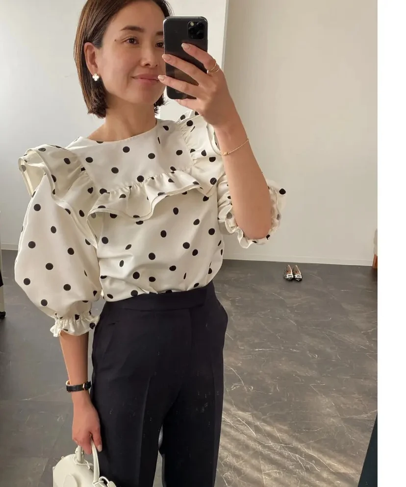 Retro Puff Sleeve Top Sweet Lotus Leaf Shirt Lady Spring Summer New Japanese Style Polka Dot Frill Commuter Blouse Women