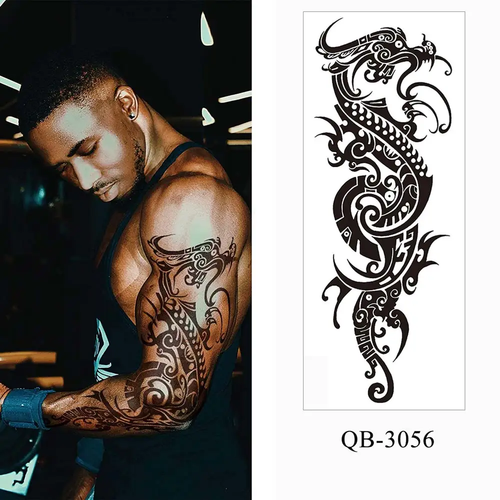 Men Temporary Tattoos Large Arm Sleeve Tattoo Sticker Dragon Tiger Fish Full Skull Totem Wolf Waterproof Fake Tattoo for Women