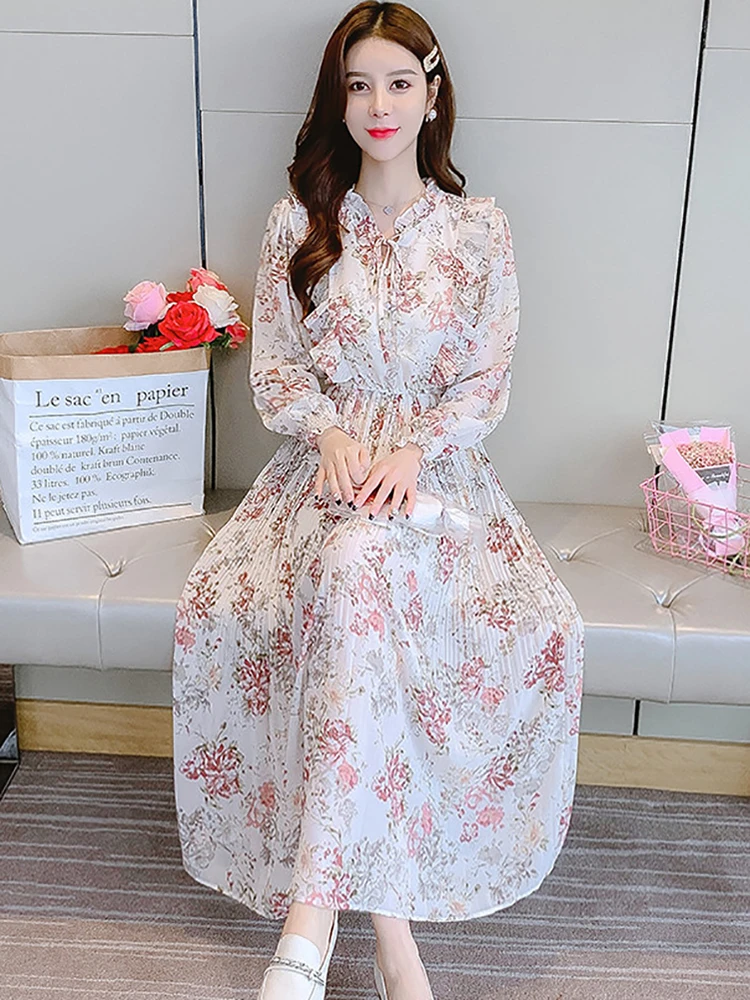 Vestido elegante de gasa Floral de manga larga con volantes para mujer, vestido largo ajustado elegante de otoño, vestido de fiesta de lujo elegante de moda coreana 2025