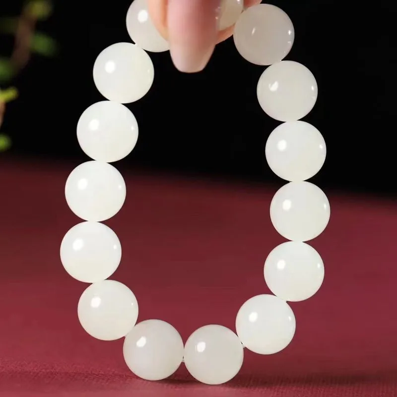 

Natural Hetian Qinghai Material Sheep Fat Grade White Beads Round Jade Bracelet