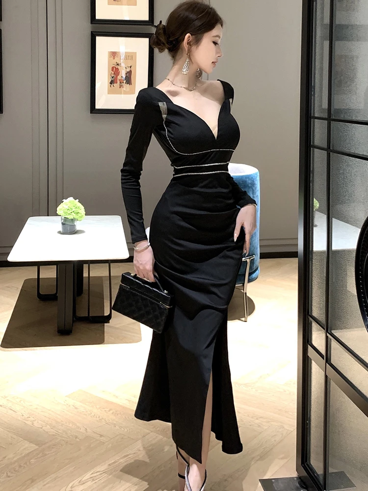 Black Patchwork Hollow Out Sexy V-Neck Dress for Women 2025 Korean Vintage Luxury Dress Autumn Winter Elegant Bodycon Prom Dress