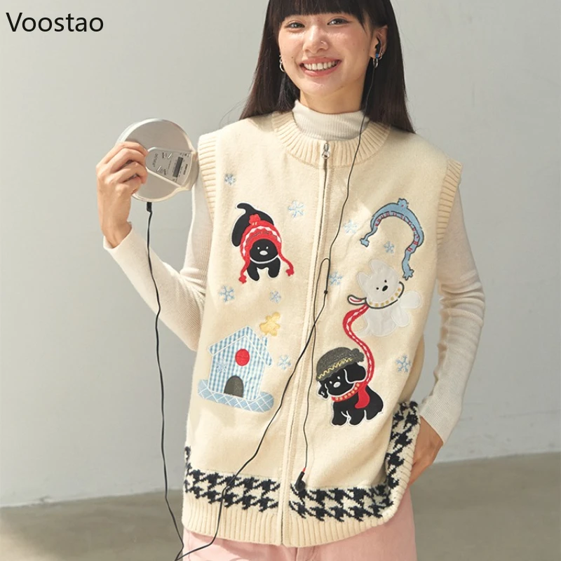 

Y2k Эстетическая вышивка щенка на молнии вязаный жилет женский осенний повседневный винтажный свитер топы уличная одежда пара жилет трикотаж